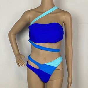 Asymmetric One-Shoulder Colorblock Bikini in Royal & Aqua Blue
